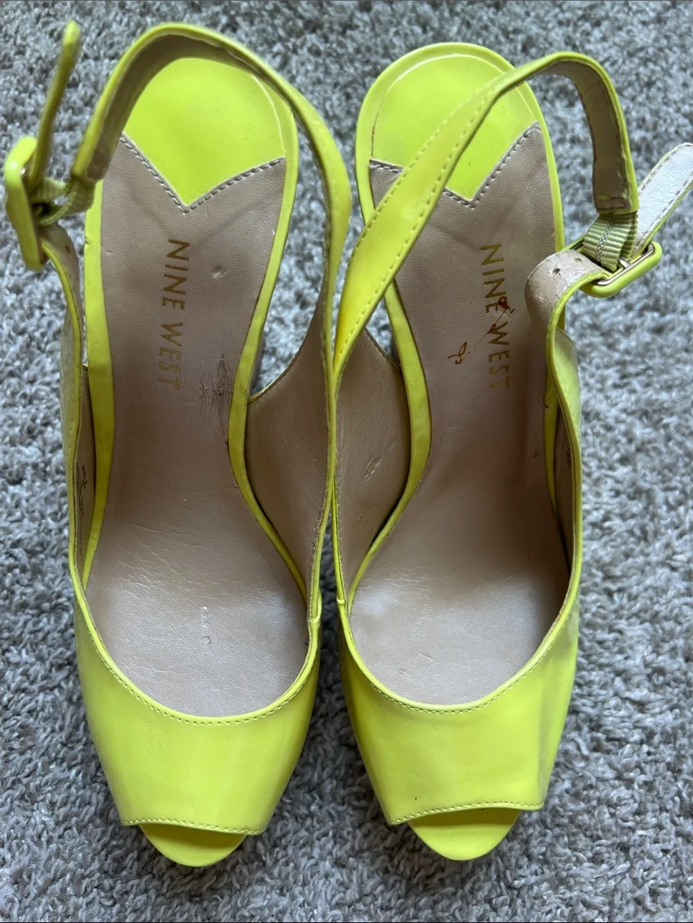 Nine West Bright Yellow Patent Peep-Toe Slingback Platforms
